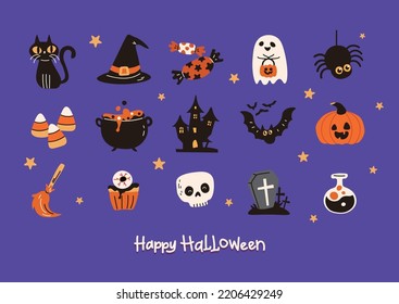 Vector de elementos de Halloween colocado sobre el fondo morado. Logotipos, insignias, etiquetas, íconos, objetos de Halloween. Todos los elementos están aislados.