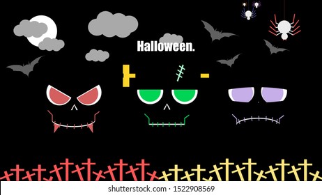 Vector of Halloween.Red eyes as vampire. Green eyes as frankenstein. Purple eyes as mummy.