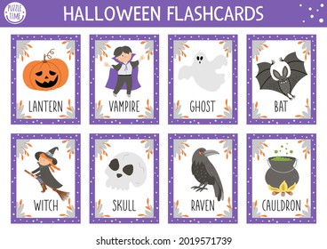 Tarjetas flash Vector Halloween configuradas. Juego en inglés con bruja linda, linterna, vampiro para los niños. Flashcards de vacaciones del otoño. Hoja de trabajo simple imprimible educacional.
