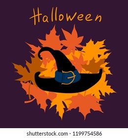 Vector  Halloween flat celebration card, flayer with traditional halloween element and spooky party symbol isolated on black, colored background. Banner, poster design