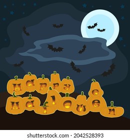 Vector halloween flat style postcard  pumpkin landscape full moon night atmosphere 