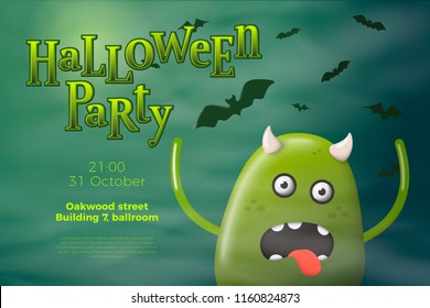 Vector Halloween flyer concept - cartoon 3d realistic monster running from bats, with place for your text.
