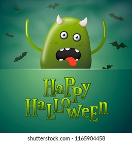 Vector Halloween flyer concept - cartoon 3d realistic monster running from bats, with place for your text.