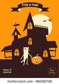 Vector halloween flyer. Dracula castle, cat and pumpkin illustration for party invitation, greeting card, web design