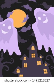 vector halloween flying ghost and castle background for brochure banner and publication