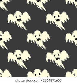 vector halloween flying ghost seamless pattern on grey.