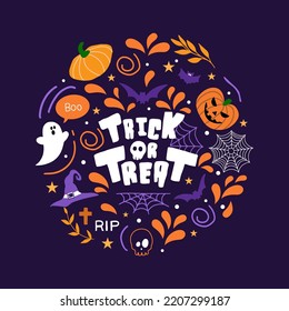 
Vector Halloween frame with hand drawn doodle pumpkin, skull, witch hat, bones, candy, ghost, broom, cauldron and trick or treat word. Design for holiday card, banner, poster.