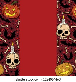 Vector Halloween frame with Jack-o'-lanterns, bats, skulls, spiders, bones for scary design, print, poster, cover, sticker, packing. Spooky illustration for horror decor, festival, party invitation.