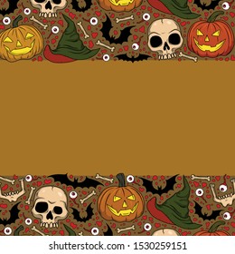 Vector Halloween frame with Jack-o-lanterns, bats, skulls, eyeballs, witch hat, bones for scary design, print, poster, cover, packing. Spooky illustration for horror decor, festival, party invitation.