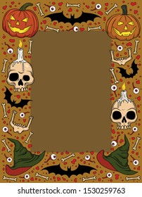 Vector Halloween frame with Jack-o-lanterns, bats, skulls, eyeballs, witch hat, bones for scary design, print, poster, cover, packing. Spooky illustration for horror decor, festival, party invitation.