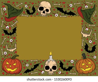 Vector Halloween frame with Jack-o-lanterns, bats, skulls, eyeballs, witch hat, bones for scary design, print, poster, cover, packing. Spooky illustration for horror decor, festival, party invitation.
