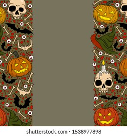 Vector Halloween frame with Jack-o-lanterns, bats, skulls, eyeballs, witch hat, bones for scary design, print, poster, cover, packing. Spooky illustration for horror decor, festival, party invitation