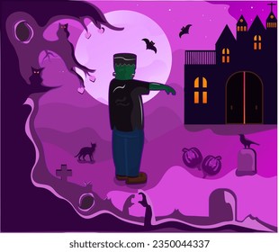 Vector halloween frankenstein character illustration, pink and purple.