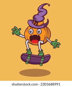 Vector Halloween frantic skateboarding with cute character vector illustration