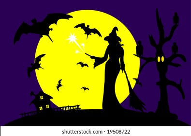 Vector -  Halloween with full moon and witch