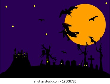 Vector -  Halloween with full moon and witch