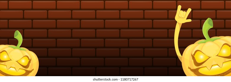 vector halloween funky rock n roll style cartoon carved pumpkin character isolated on dark brick wall horizontal banner  background . Happy halloween party concept poster