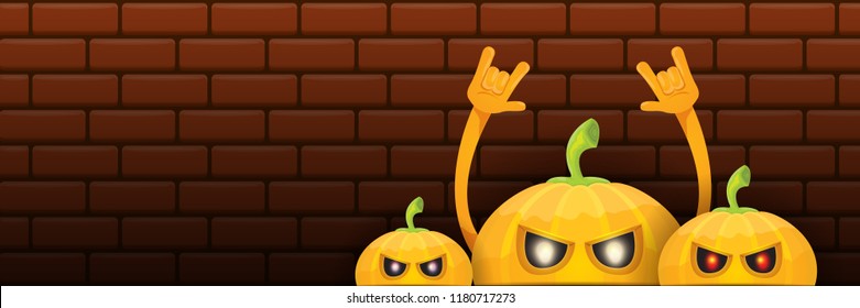 vector halloween funky rock n roll style cartoon carved pumpkin character isolated on dark brick wall horizontal banner  background . Happy halloween party concept poster