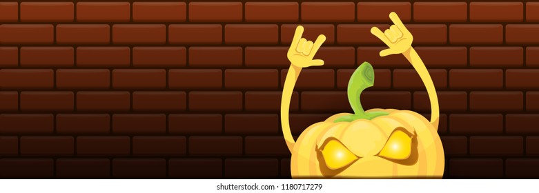 vector halloween funky rock n roll style cartoon carved pumpkin character isolated on dark brick wall horizontal banner  background . Happy halloween party concept poster