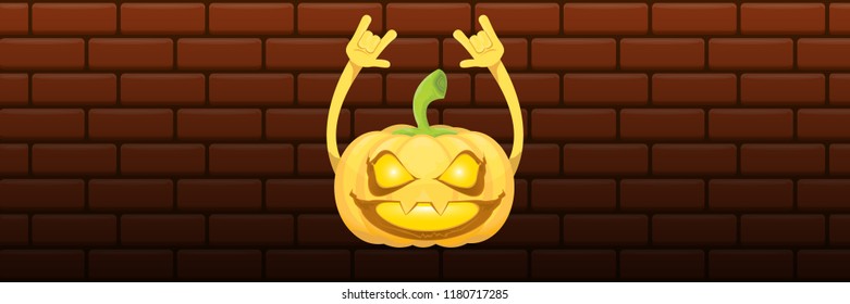 vector halloween funky rock n roll style cartoon carved pumpkin character isolated on dark brick wall horizontal banner  background . Happy halloween party concept poster