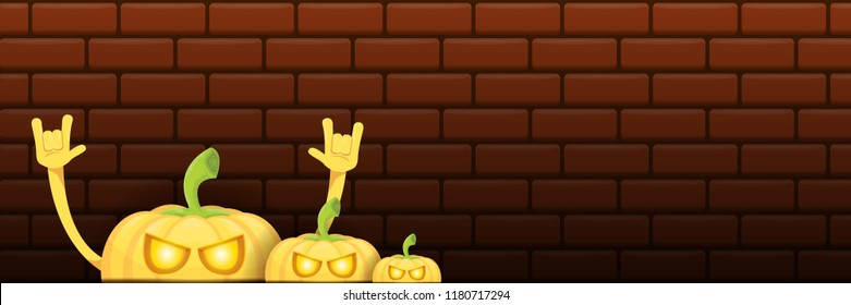 vector halloween funky rock n roll style cartoon carved pumpkin character isolated on dark brick wall horizontal banner  background . Happy halloween party concept poster