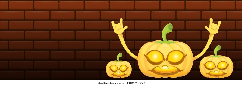 vector halloween funky rock n roll style cartoon carved pumpkin character isolated on dark brick wall horizontal banner  background . Happy halloween party concept poster