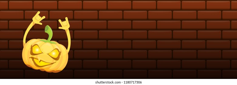 vector halloween funky rock n roll style cartoon carved pumpkin character isolated on dark brick wall horizontal banner  background . Happy halloween party concept poster