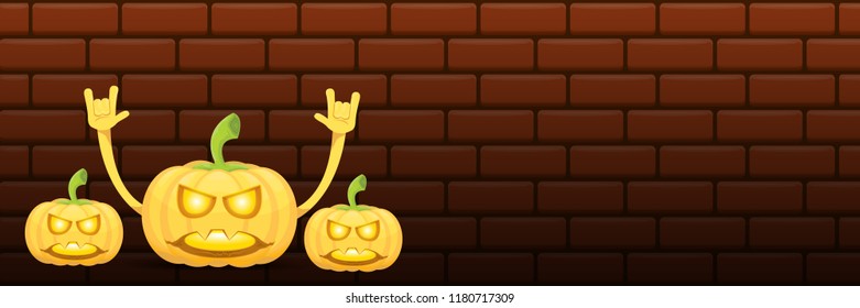 vector halloween funky rock n roll style cartoon carved pumpkin character isolated on dark brick wall horizontal banner  background . Happy halloween party concept poster