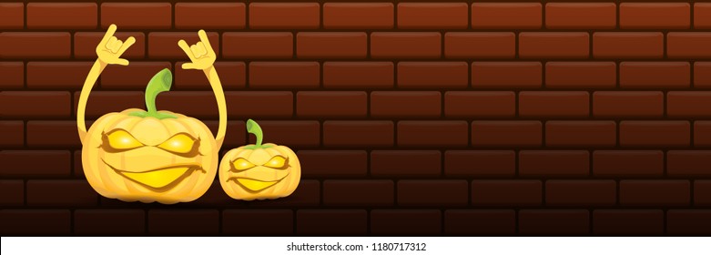 vector halloween funky rock n roll style cartoon carved pumpkin character isolated on dark brick wall horizontal banner  background . Happy halloween party concept poster