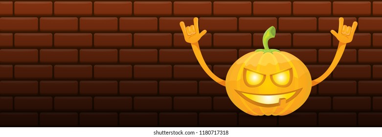 vector halloween funky rock n roll style cartoon carved pumpkin character isolated on dark brick wall horizontal banner  background . Happy halloween party concept poster