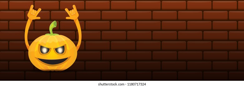 vector halloween funky rock n roll style cartoon carved pumpkin character isolated on dark brick wall horizontal banner  background . Happy halloween party concept poster