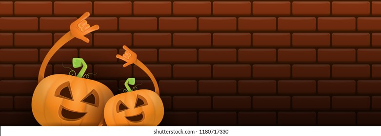 vector halloween funky rock n roll style cartoon carved pumpkin character isolated on dark brick wall horizontal banner  background . Happy halloween party concept poster