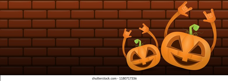 vector halloween funky rock n roll style cartoon carved pumpkin character isolated on dark brick wall horizontal banner  background . Happy halloween party concept poster