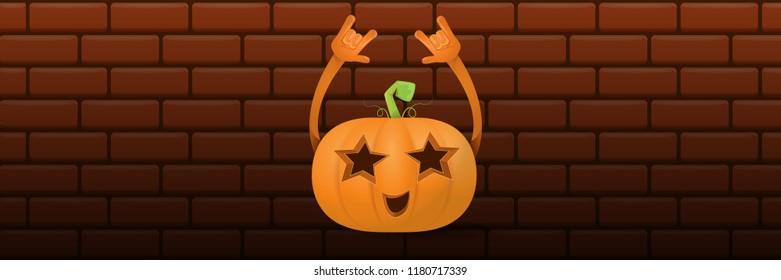 vector halloween funky rock n roll style cartoon carved pumpkin character isolated on dark brick wall horizontal banner  background . Happy halloween party concept poster