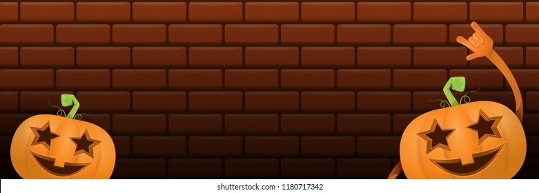 vector halloween funky rock n roll style cartoon carved pumpkin character isolated on dark brick wall horizontal banner  background . Happy halloween party concept poster