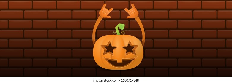 vector halloween funky rock n roll style cartoon carved pumpkin character isolated on dark brick wall horizontal banner  background . Happy halloween party concept poster