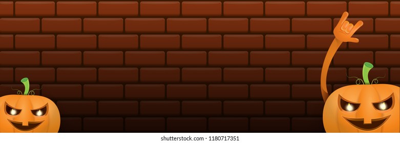 vector halloween funky rock n roll style cartoon carved pumpkin character isolated on dark brick wall horizontal banner  background . Happy halloween party concept poster