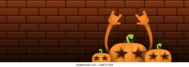 vector halloween funky rock n roll style cartoon carved pumpkin character isolated on dark brick wall horizontal banner  background . Happy halloween party concept poster