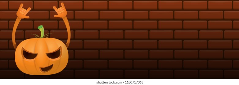 vector halloween funky rock n roll style cartoon carved pumpkin character isolated on dark brick wall horizontal banner  background . Happy halloween party concept poster