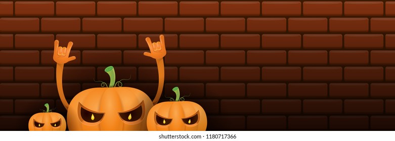 vector halloween funky rock n roll style cartoon carved pumpkin character isolated on dark brick wall horizontal banner  background . Happy halloween party concept poster