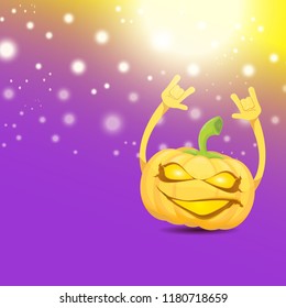 vector halloween funky rock n roll style cartoon carved pumpkin character with isolated on violet background with blur and light. Happy halloween party concept poster, background or greeting card