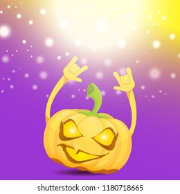 vector halloween funky rock n roll style cartoon carved pumpkin character with isolated on violet background with blur and light. Happy halloween party concept poster, background or greeting card