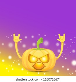 vector halloween funky rock n roll style cartoon carved pumpkin character with isolated on violet background with blur and light. Happy halloween party concept poster, background or greeting card