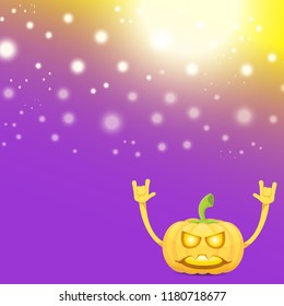 vector halloween funky rock n roll style cartoon carved pumpkin character with isolated on violet background with blur and light. Happy halloween party concept poster, background or greeting card