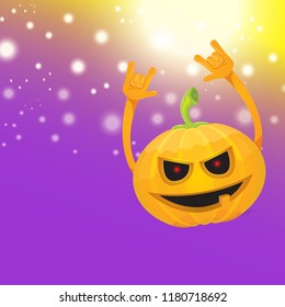 vector halloween funky rock n roll style cartoon carved pumpkin character with isolated on violet background with blur and light. Happy halloween party concept poster, background or greeting card