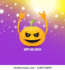 vector halloween funky rock n roll style cartoon carved pumpkin character with isolated on violet background with blur and light. Happy halloween party concept poster, background or greeting card