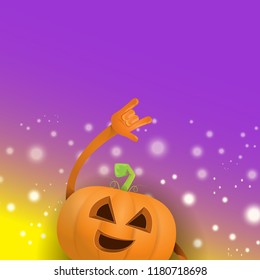 vector halloween funky rock n roll style cartoon carved pumpkin character with isolated on violet background with blur and light. Happy halloween party concept poster, background or greeting card