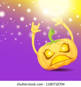 vector halloween funky rock n roll style cartoon carved pumpkin character with isolated on violet background with blur and light. Happy halloween party concept poster, background or greeting card