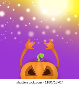 vector halloween funky rock n roll style cartoon carved pumpkin character with isolated on violet background with blur and light. Happy halloween party concept poster, background or greeting card