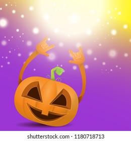 vector halloween funky rock n roll style cartoon carved pumpkin character with isolated on violet background with blur and light. Happy halloween party concept poster, background or greeting card